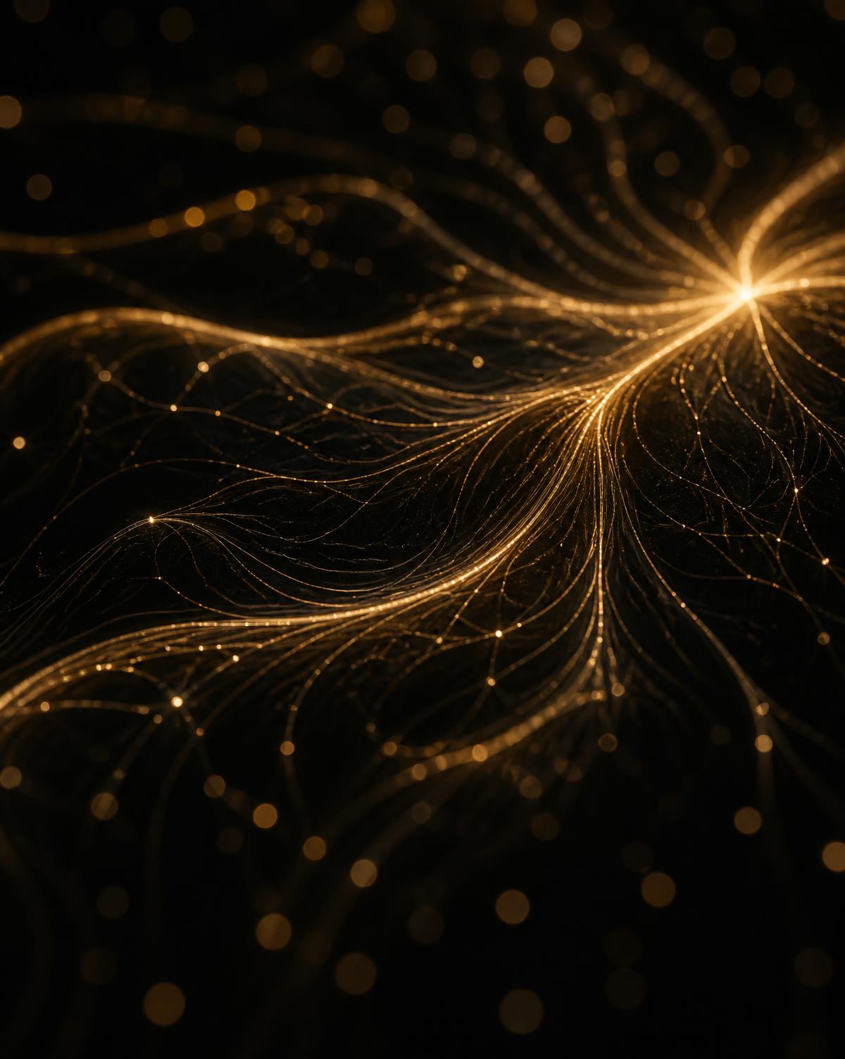 Golden filaments of light representing AI data flow