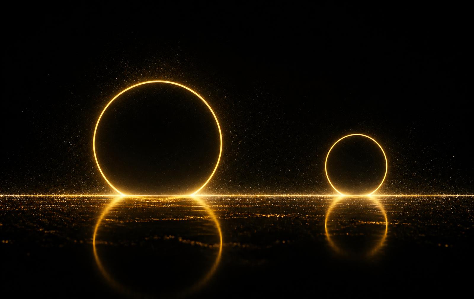 Two glowing golden rings representing binary suns